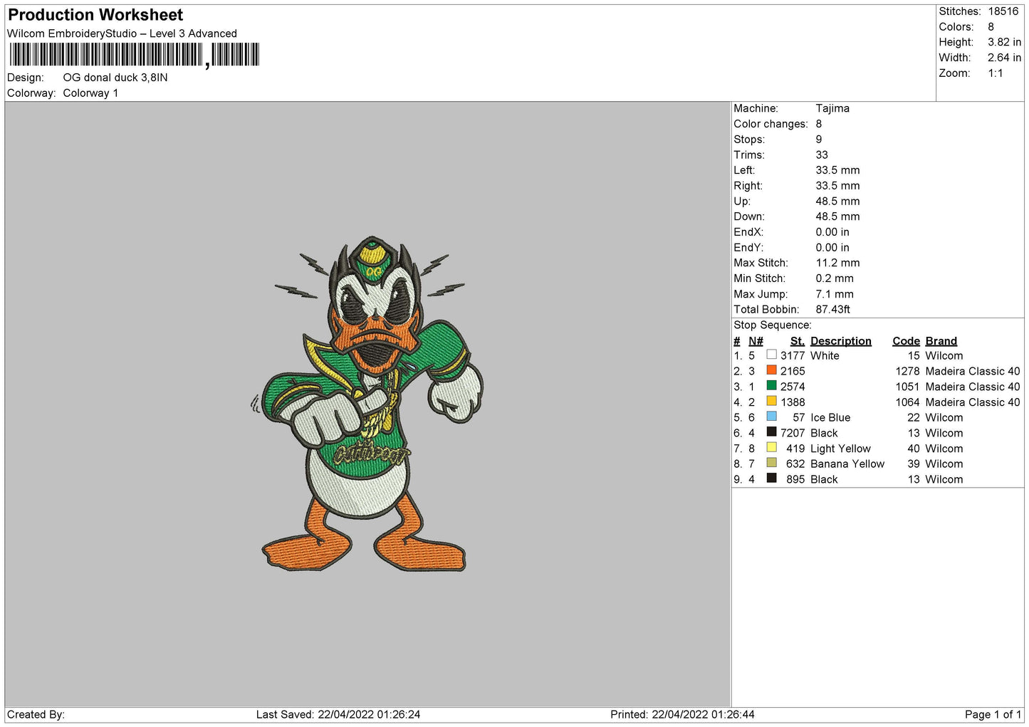 OG Donald Duck Embroidery File 4 size