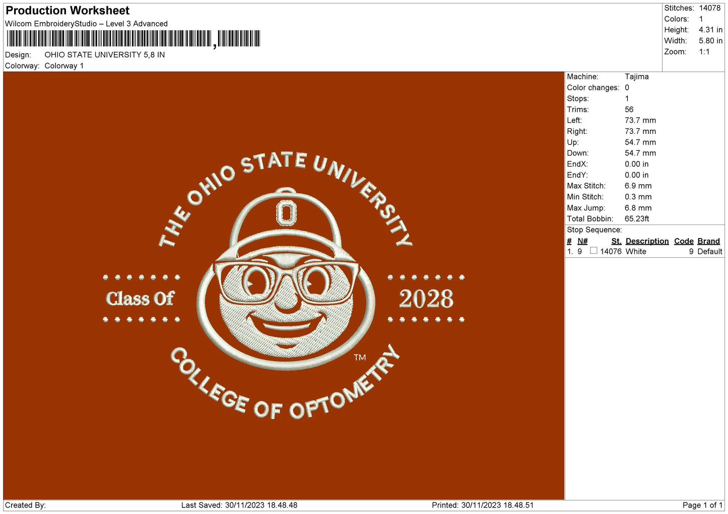 Ohio Univ Embroidery File 6 sizes