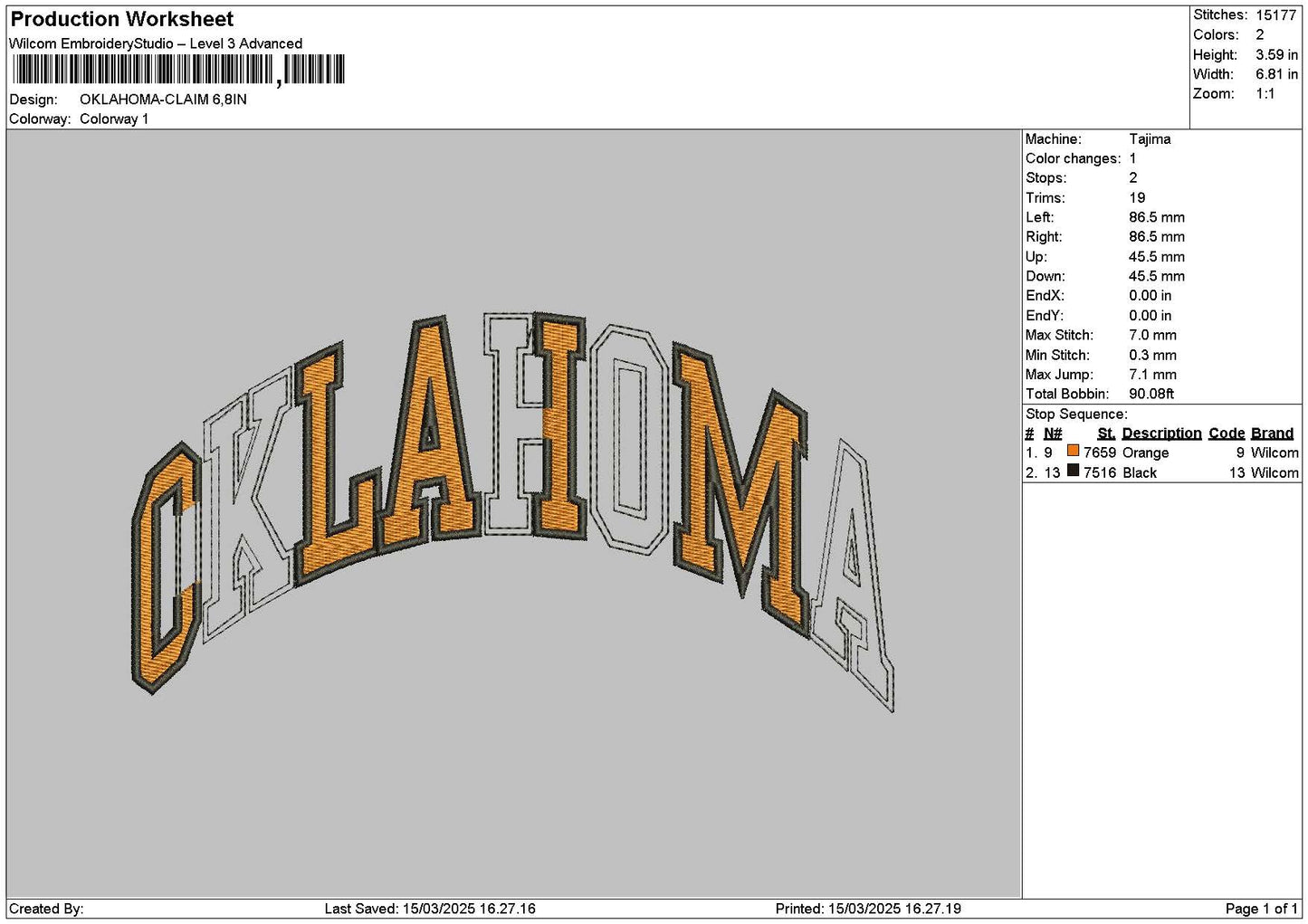 Oklahomatext Embroidery File 6 sizes