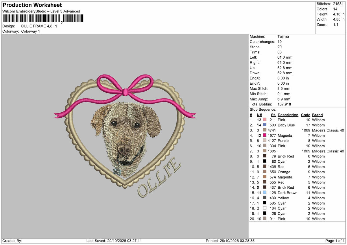 Dog Ollie Embroidery Machine Design File 6 sizes