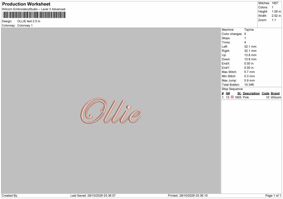 Ollie Text Embroidery Machine Design File 6 sizes