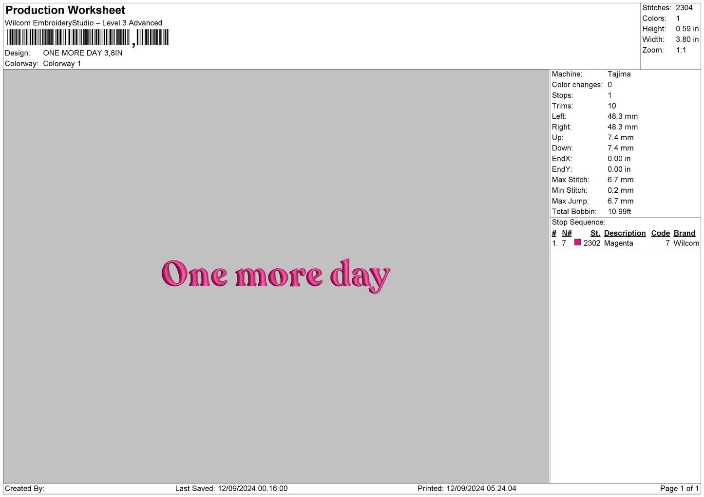 One More Day Embroidery File 6 sizes
