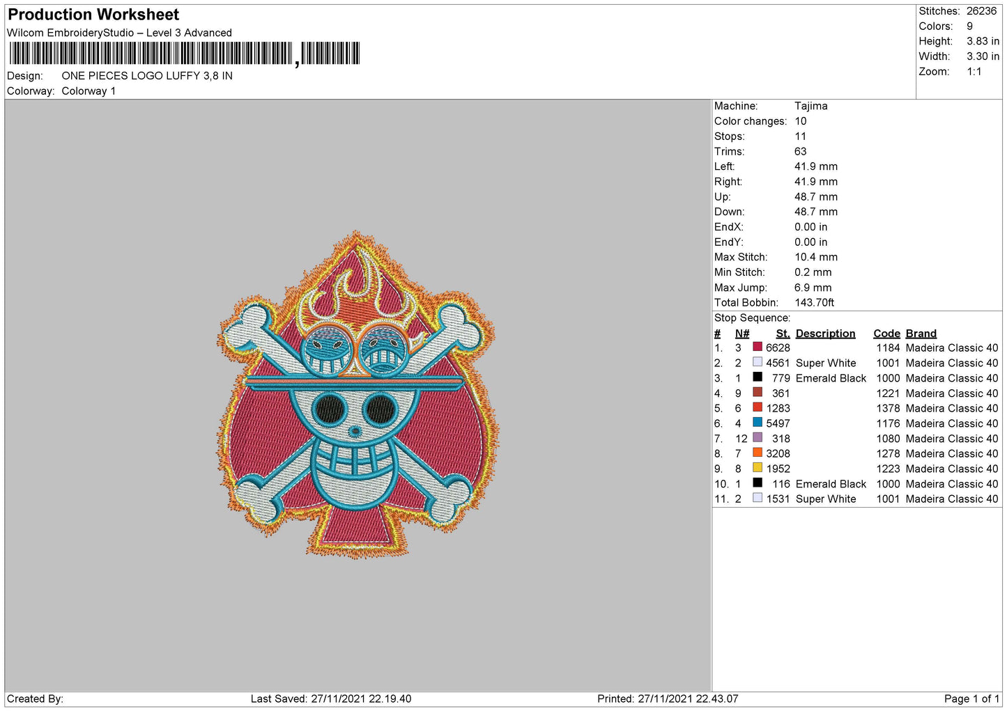 One Piece Embroidery File 4 size