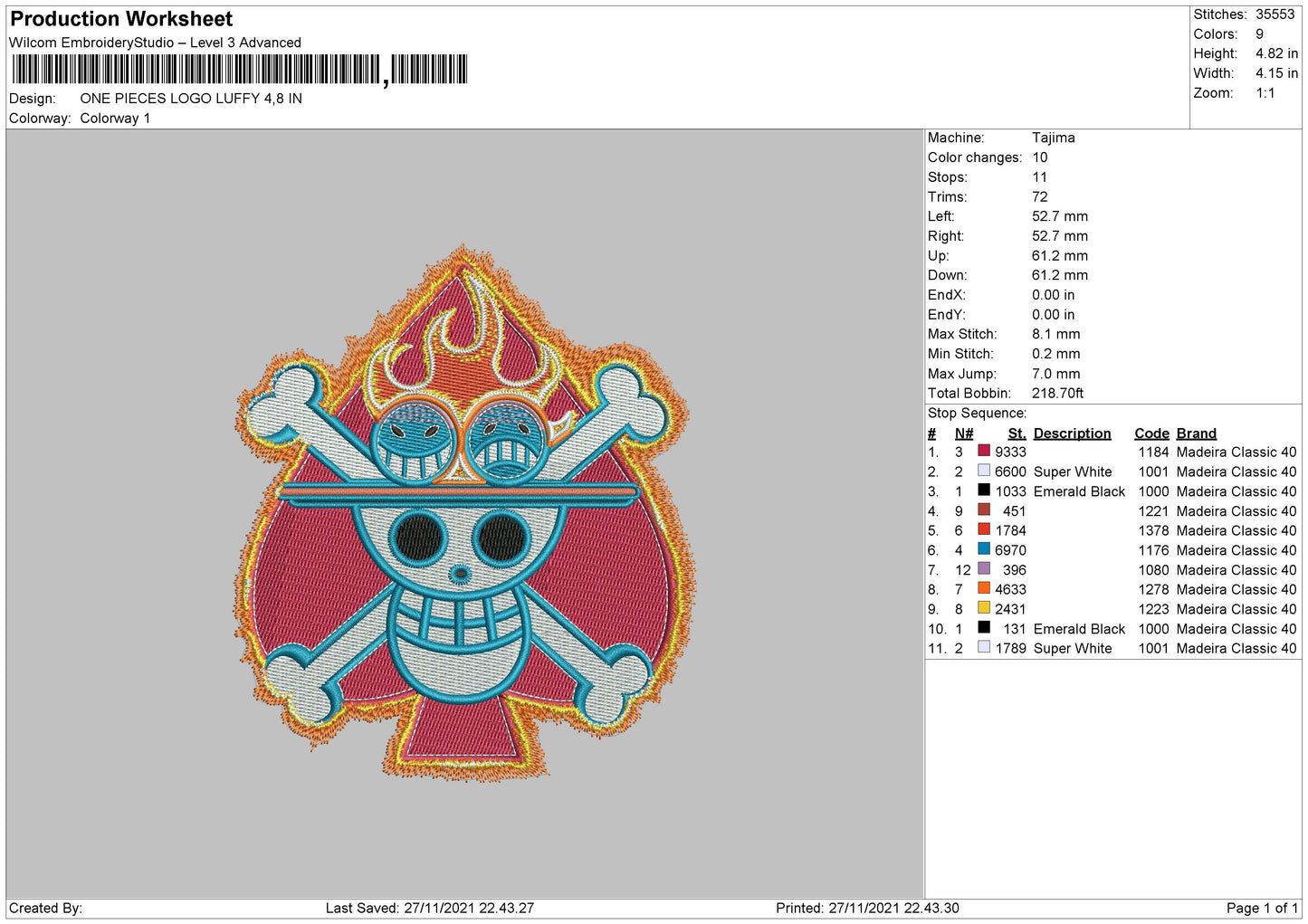 One Piece Embroidery File 4 size