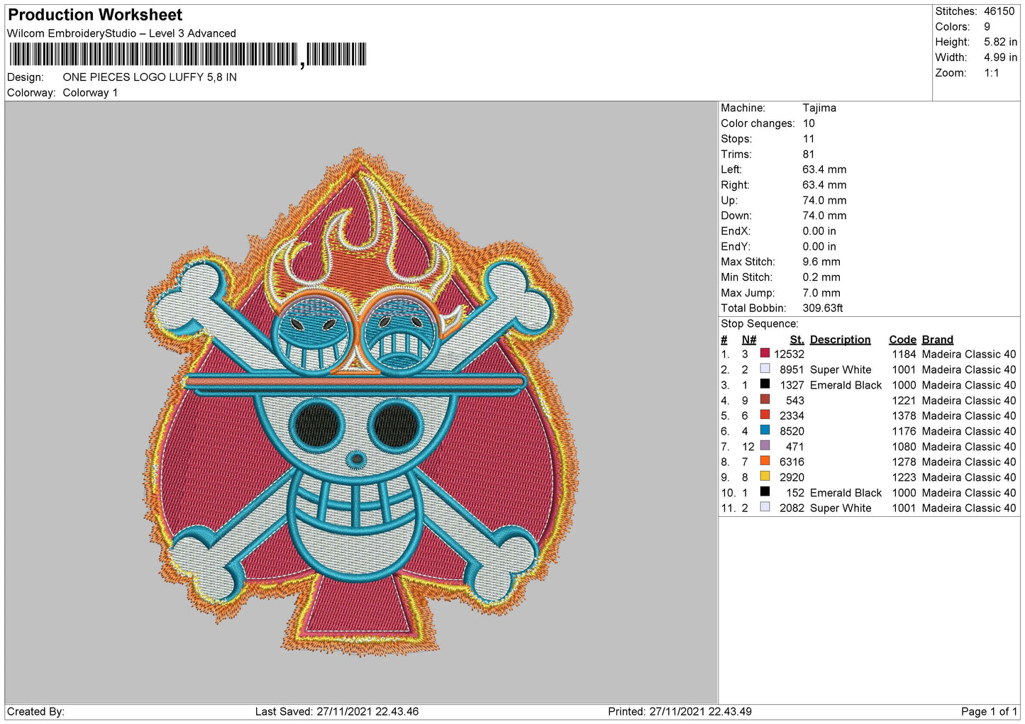 One Piece Embroidery File 4 size