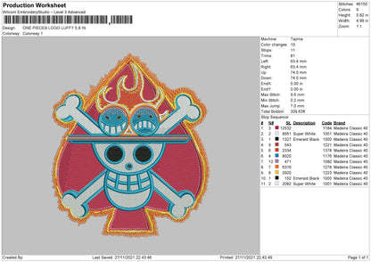 One Piece Embroidery File 4 size