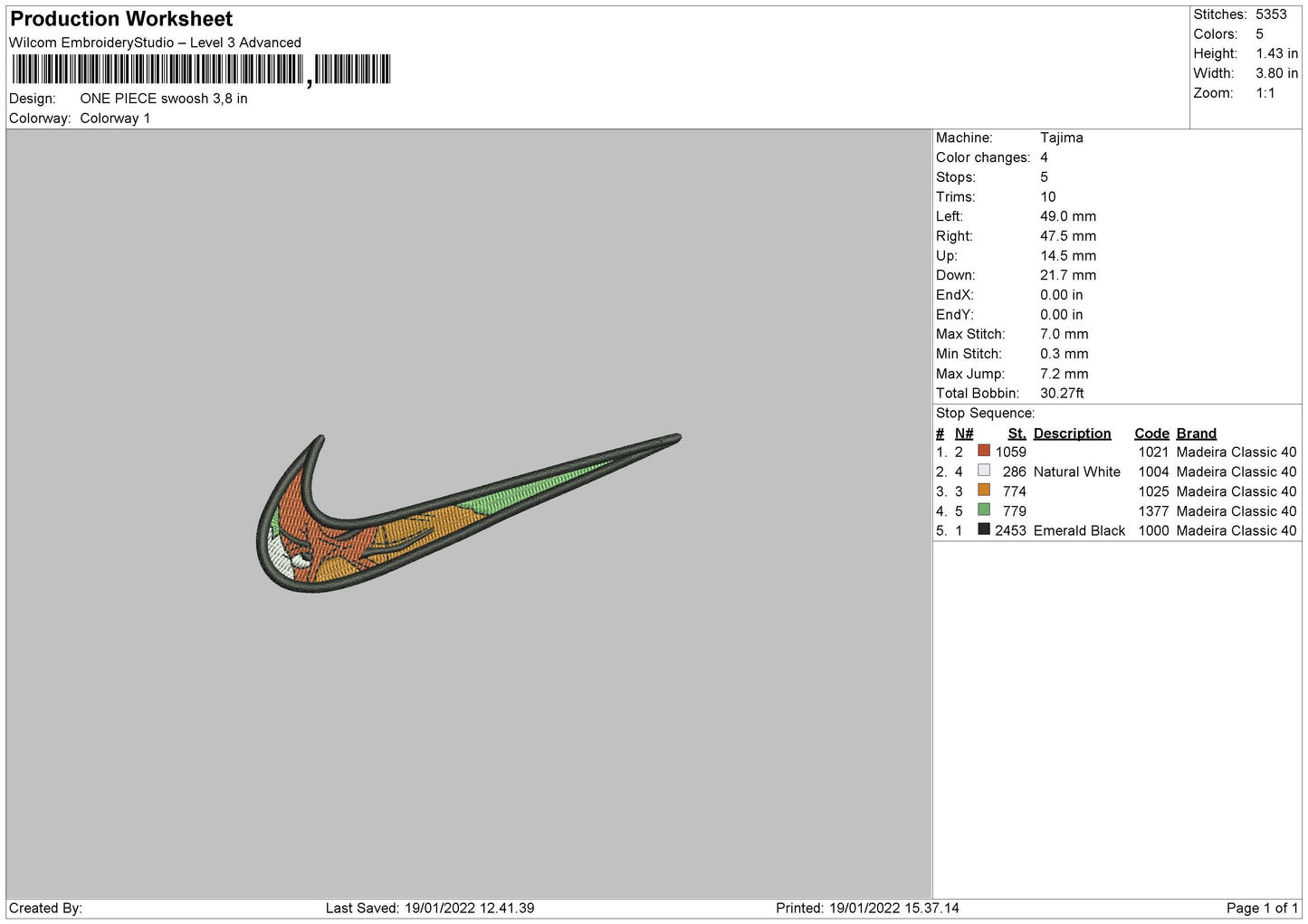 One Piece Swoosh Embroidery File 4 size
