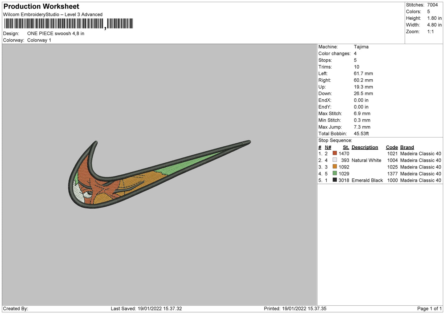 One Piece Swoosh Embroidery File 4 size