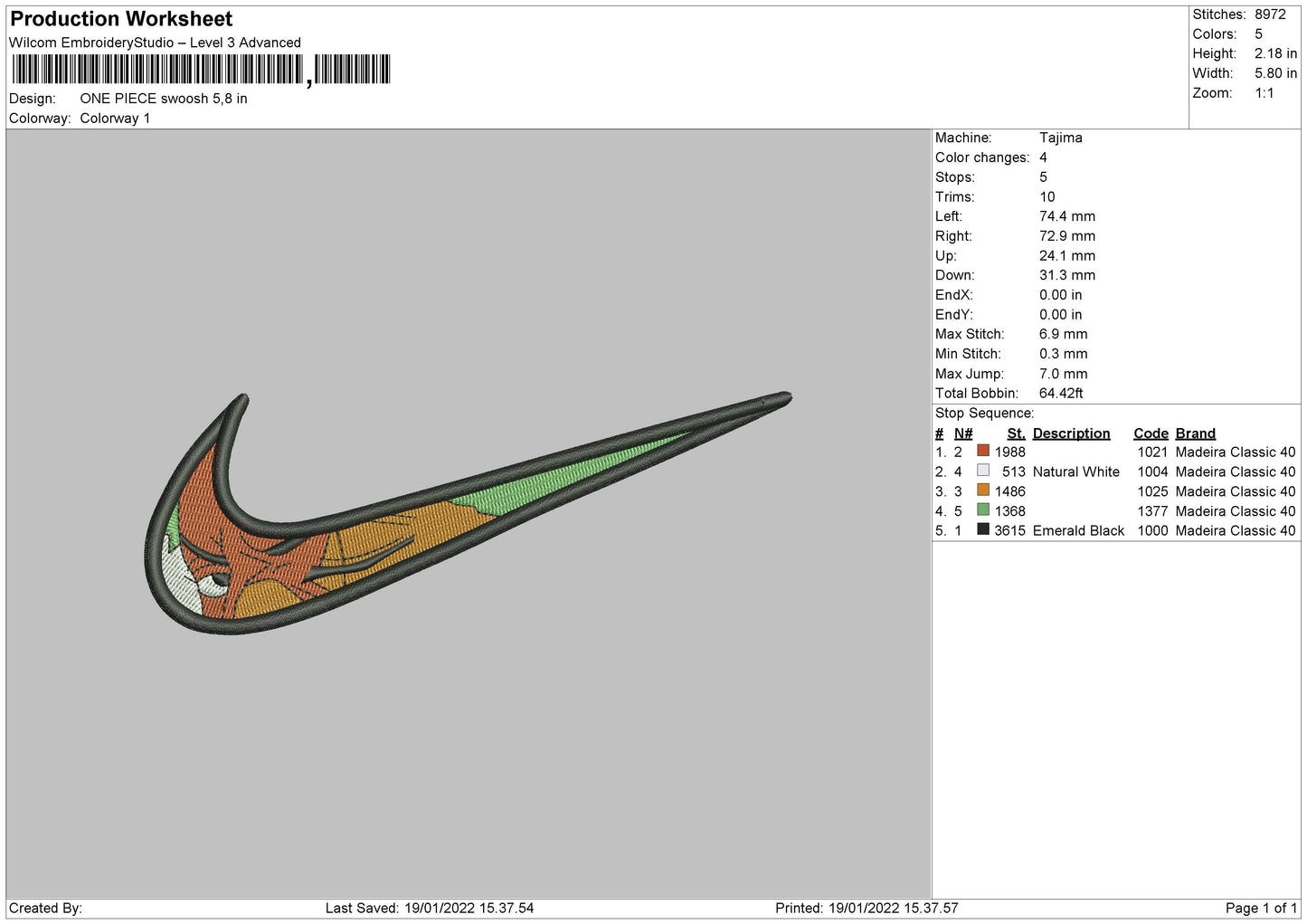 One Piece Swoosh Embroidery File 4 size
