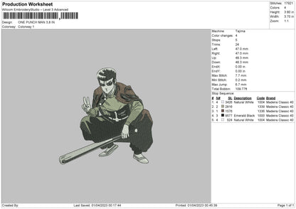 One P Man Embroidery File 6 sizes