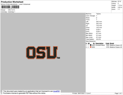 OSU Text Embroidery File 5 size