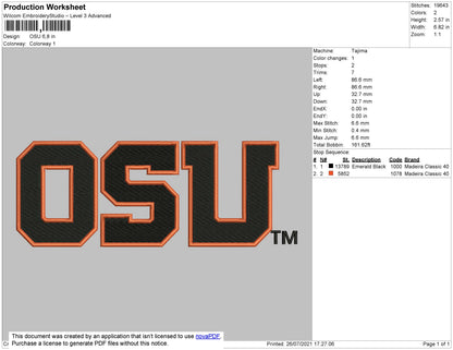 OSU Text Embroidery File 5 size