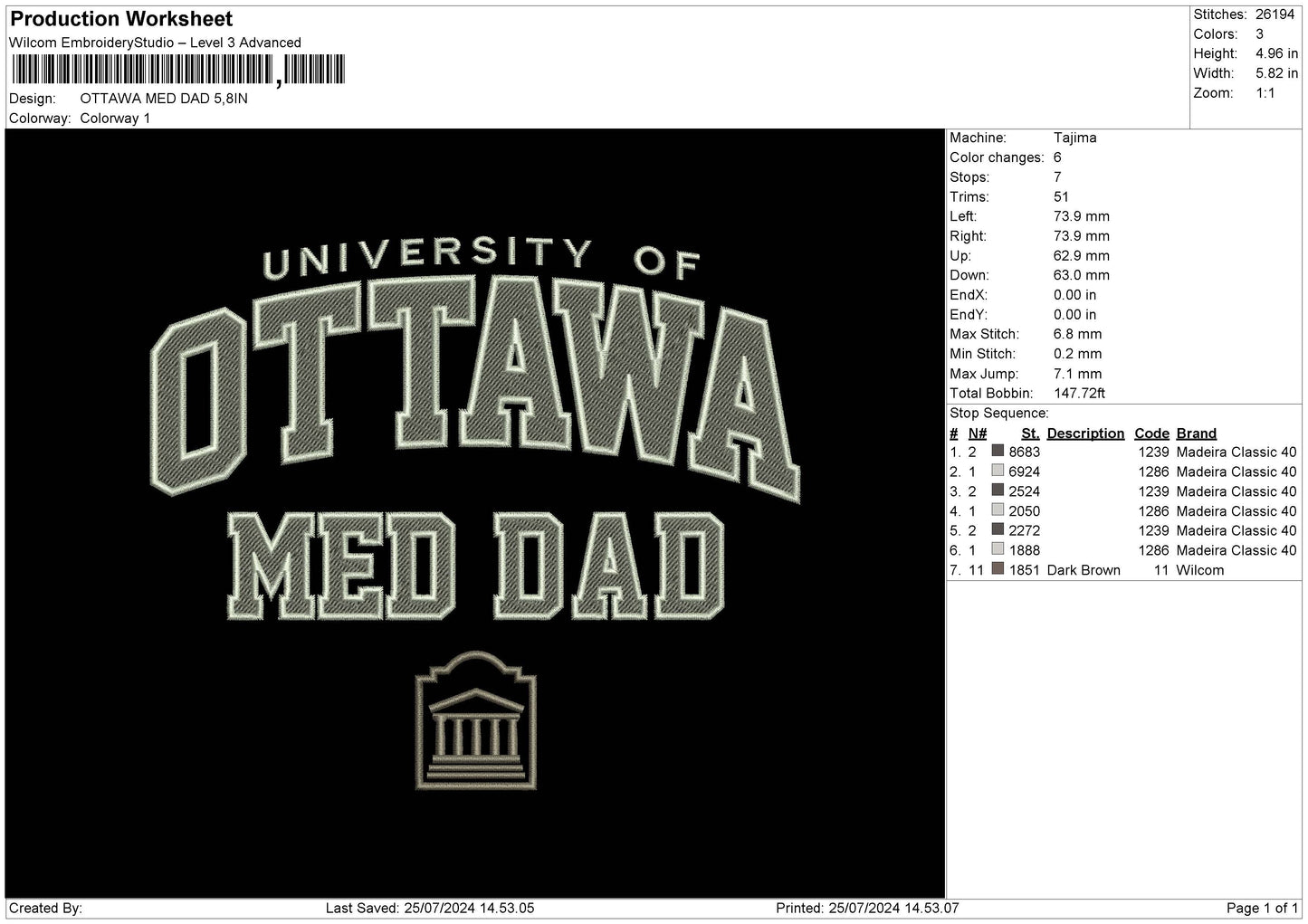 Ottawa Dad Embroidery File 6 sizes