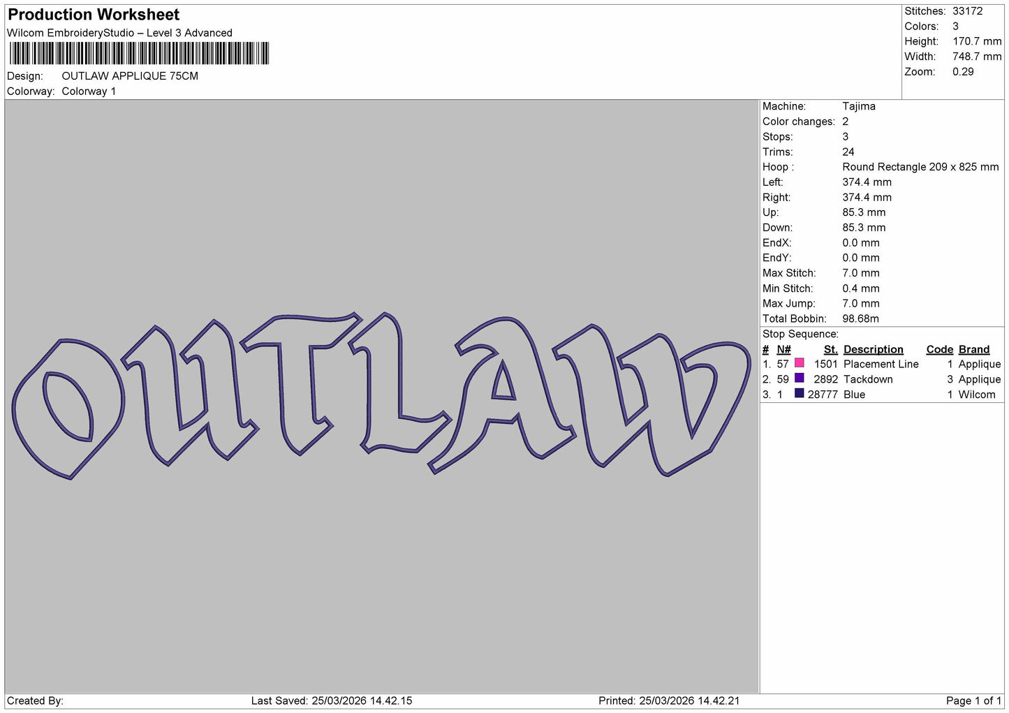 OUTLAWA BIG APPLIQUE Embroidery File 6 sizes