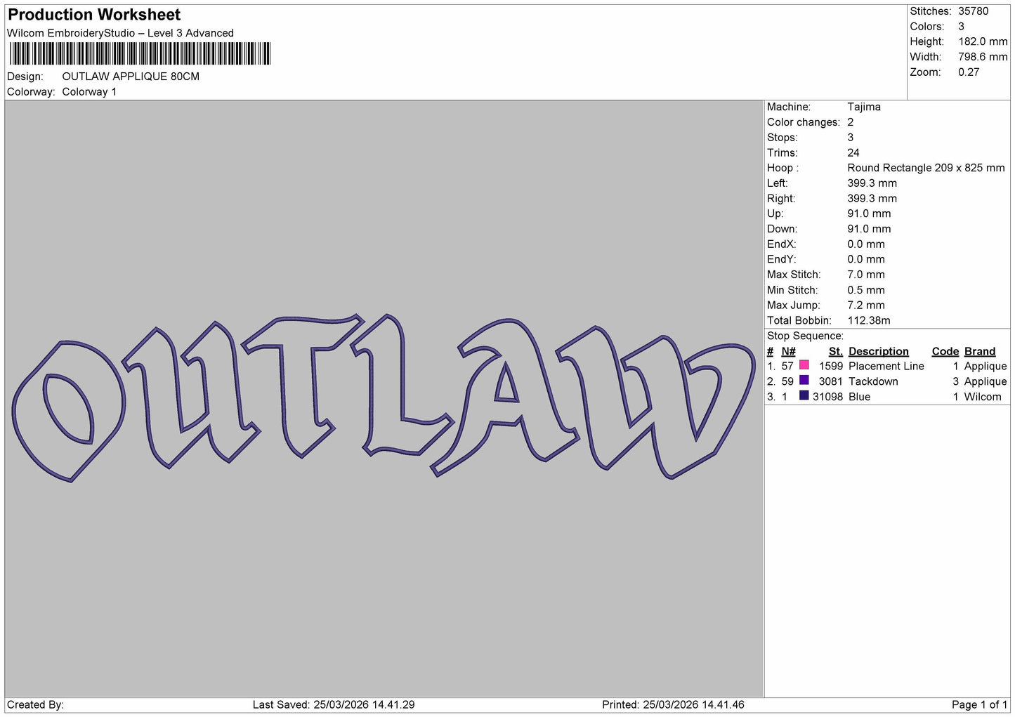 OUTLAWA BIG APPLIQUE Embroidery File 6 sizes