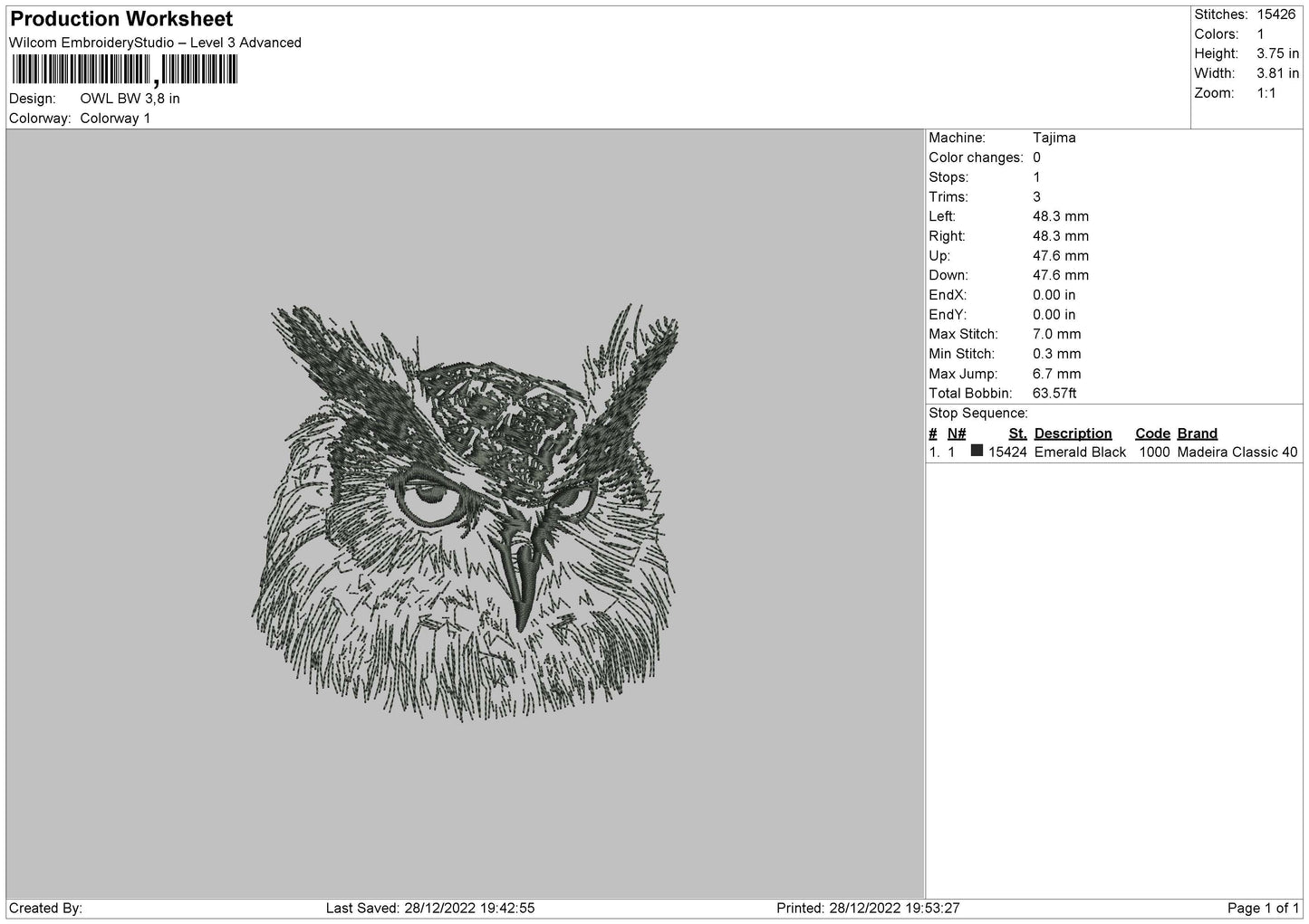 Owl Bw Embroidery File 6 sizes