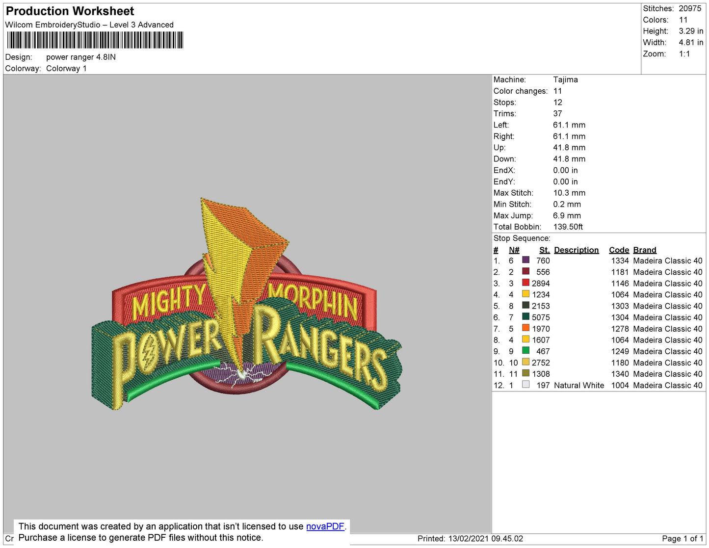 Power Rangers Embroidery File 4 size