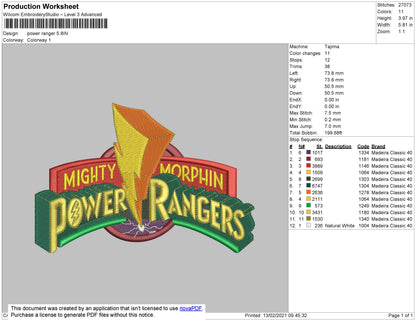 Power Rangers Embroidery File 4 size