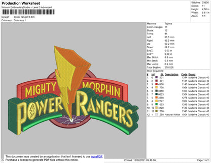 Power Rangers Embroidery File 4 size