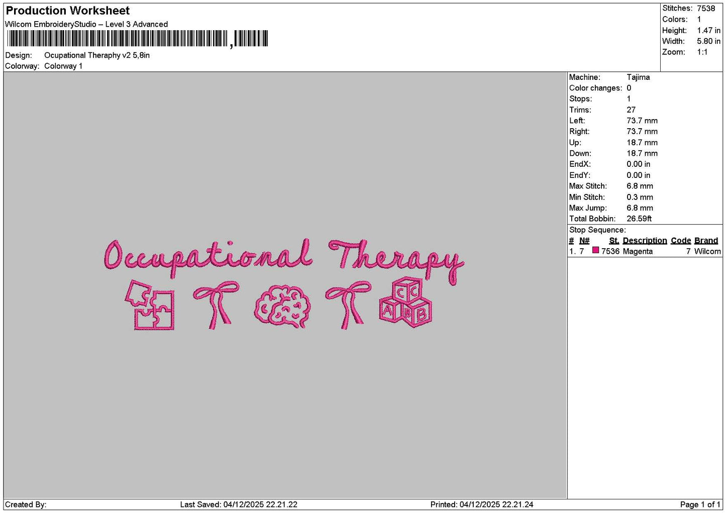 Therapytxt 0412 Embroidery File 6 sizes