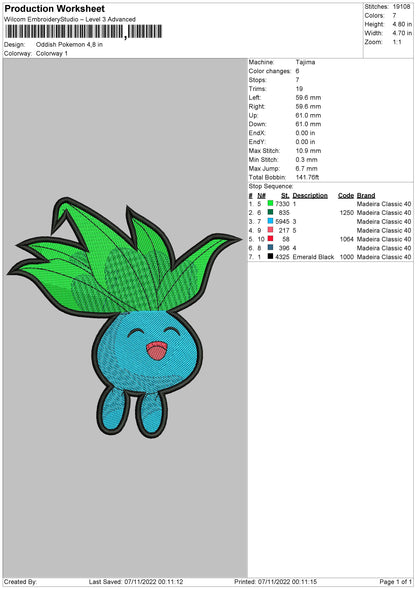 Oddis Pokemon Embroidery File 6 sizes