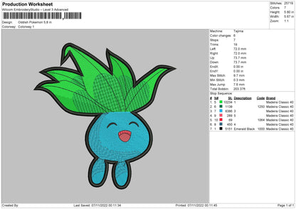 Oddis Pokemon Embroidery File 6 sizes