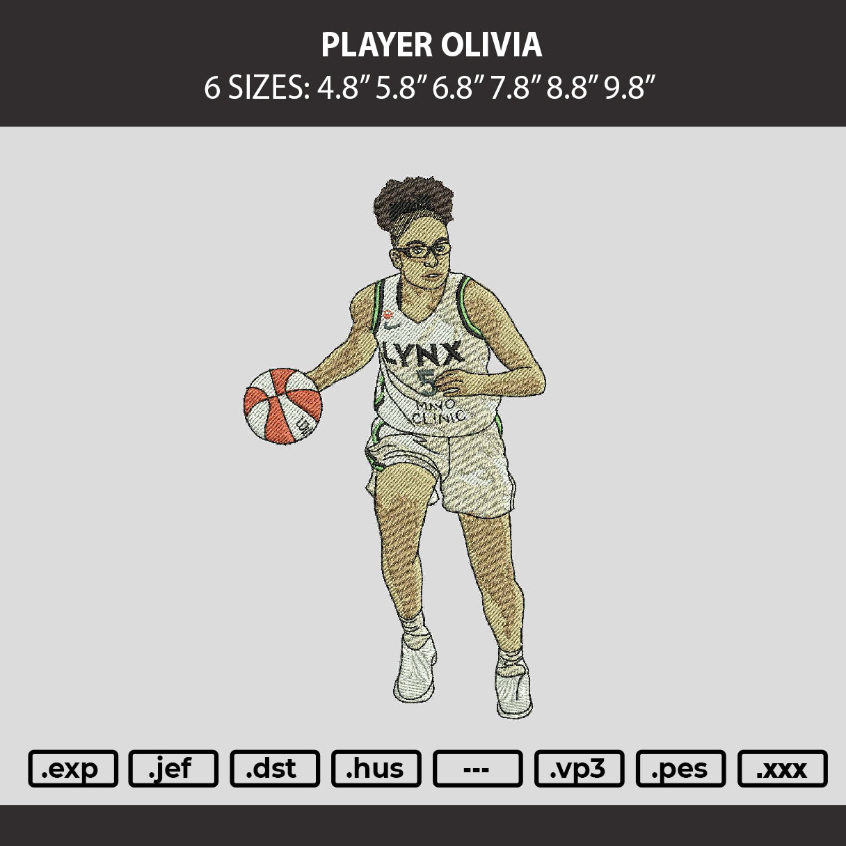 Player Olivia Embroidery Machine Design File 6 sizes