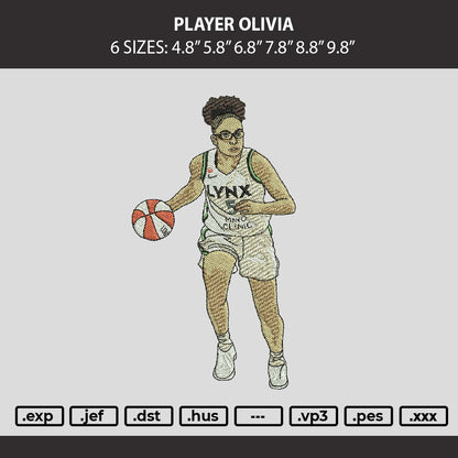 Player Olivia Embroidery Machine Design File 6 sizes