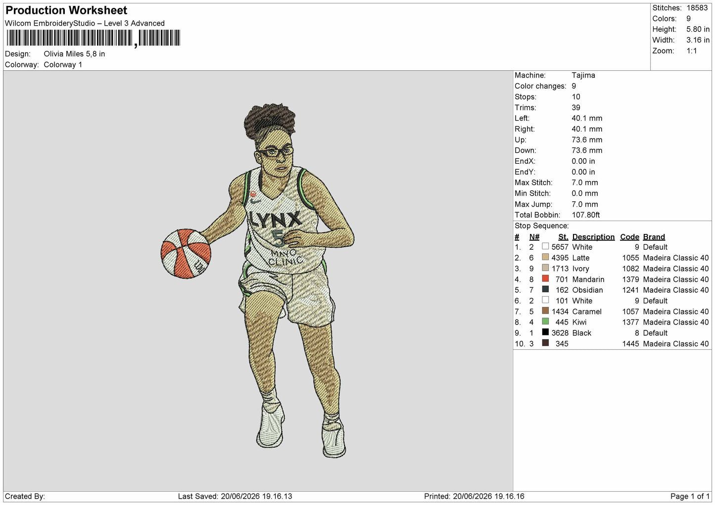 Player Olivia Embroidery Machine Design File 6 sizes