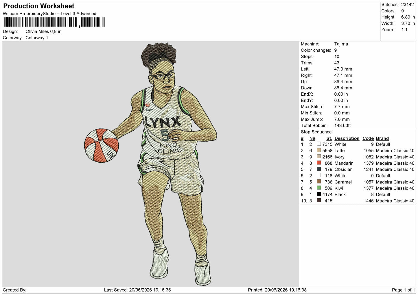 Player Olivia Embroidery Machine Design File 6 sizes