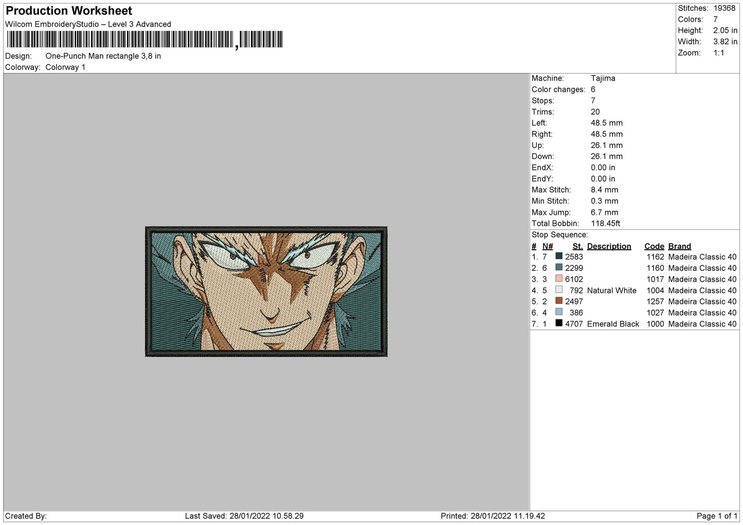 One Punch Man Embroidery File 4 size