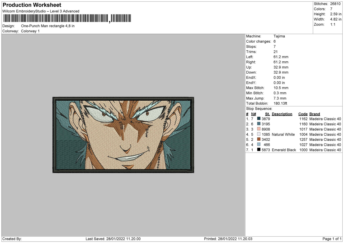 One Punch Man Embroidery File 4 size