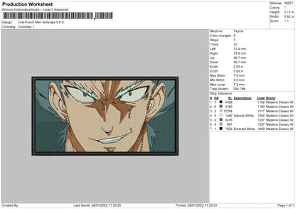 One Punch Man Embroidery File 4 size