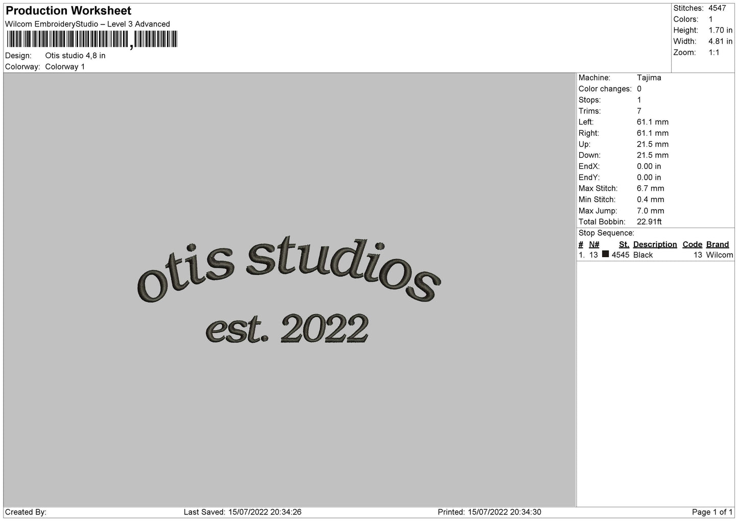 Otis Studio Embroidery File 4 sizes