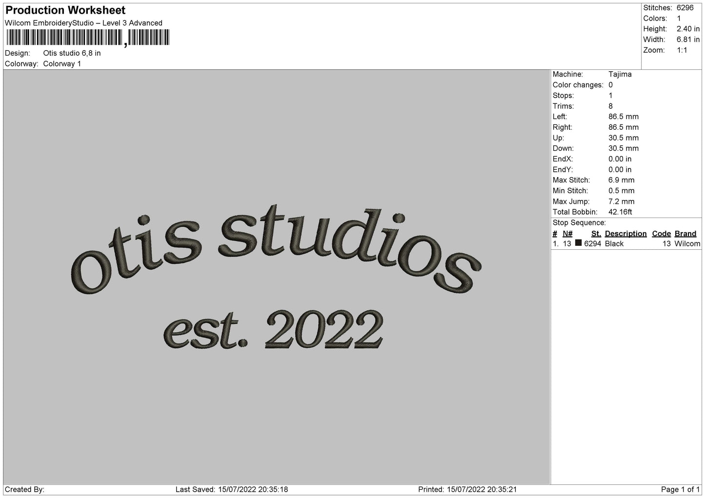 Otis Studio Embroidery File 4 sizes