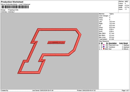 P Applique 2502 Embroidery File 6 sizes