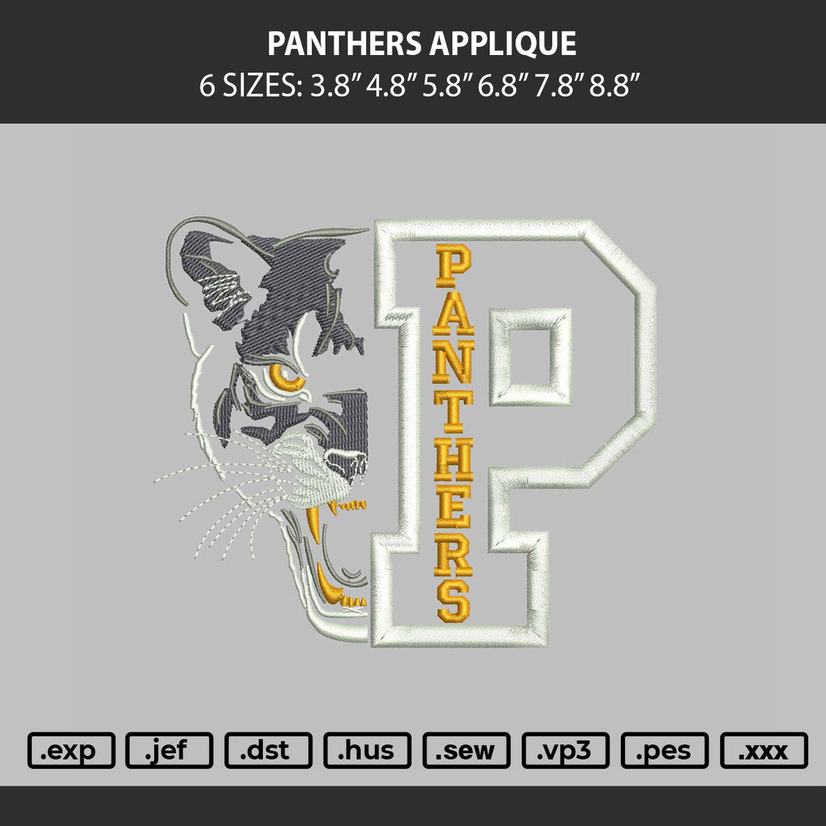 Panthers Applique Embroidery Machine Design FIle 6 sizes