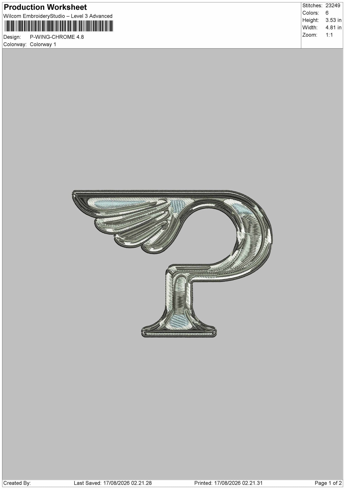 P Wing 02 Embroidery Machine Design File 6 sizes
