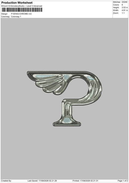 P Wing 02 Embroidery Machine Design File 6 sizes