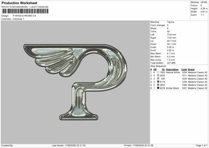 P Wing 02 Embroidery Machine Design File 6 sizes