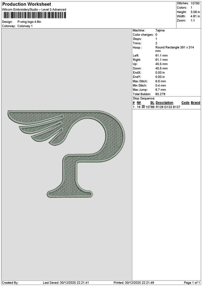 Ptext Wing Embroidery File 6 sizes