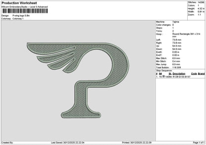 Ptext Wing Embroidery File 6 sizes
