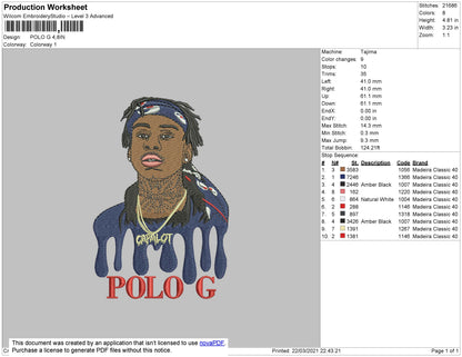 Polo G Embroidery File 4 size