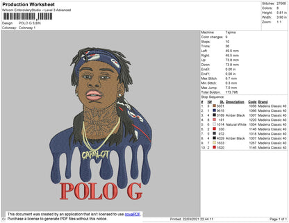 Polo G Embroidery File 4 size
