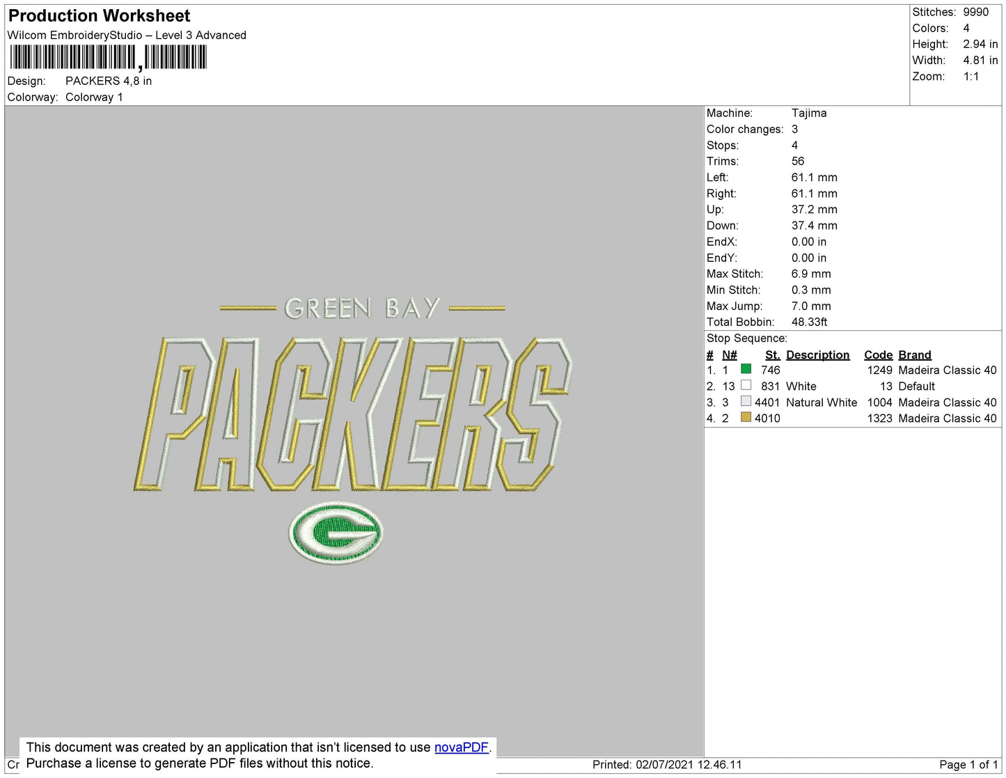 Packers Embroidery File 4 size