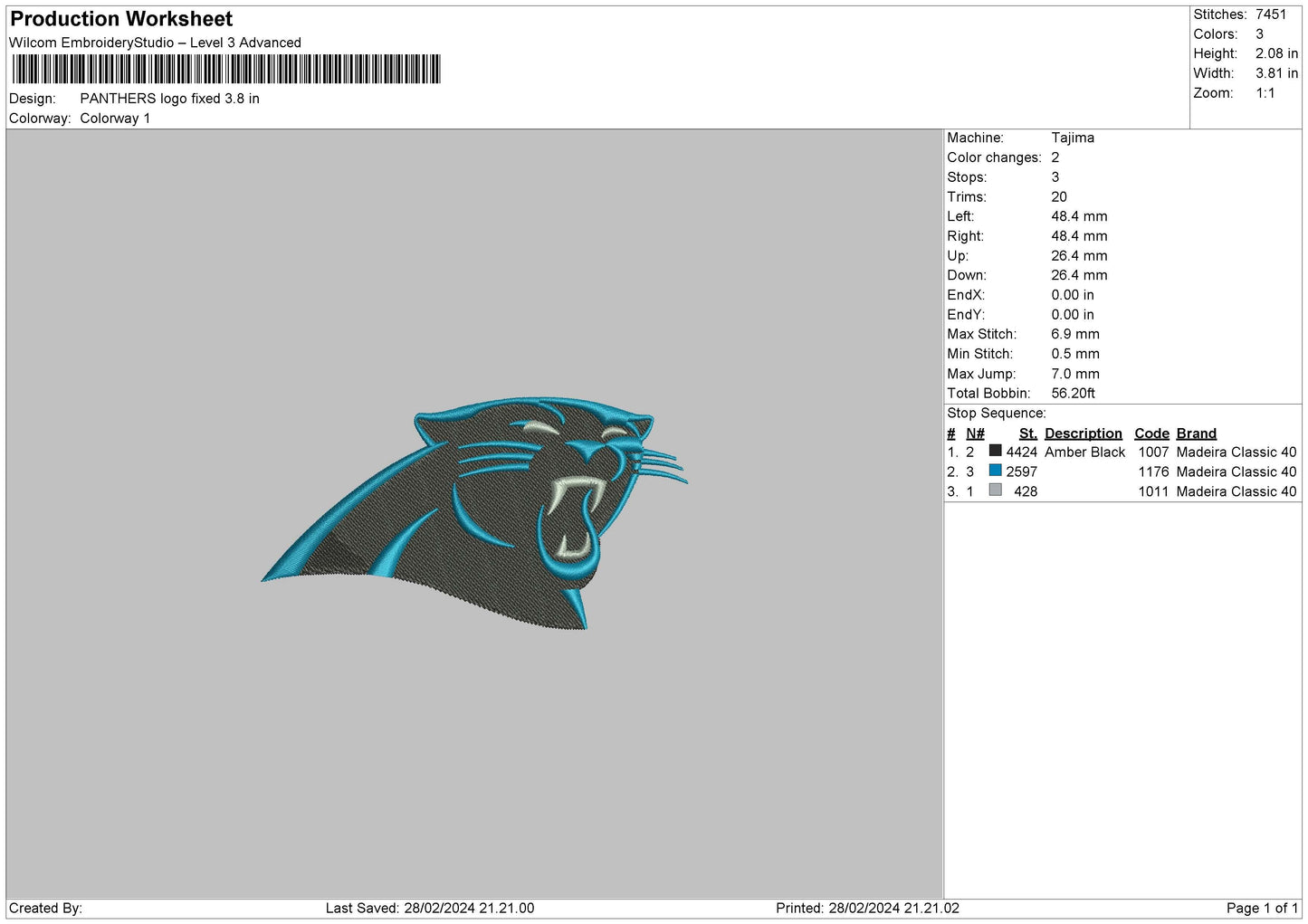 Panthers Embroidery File 6 sizes