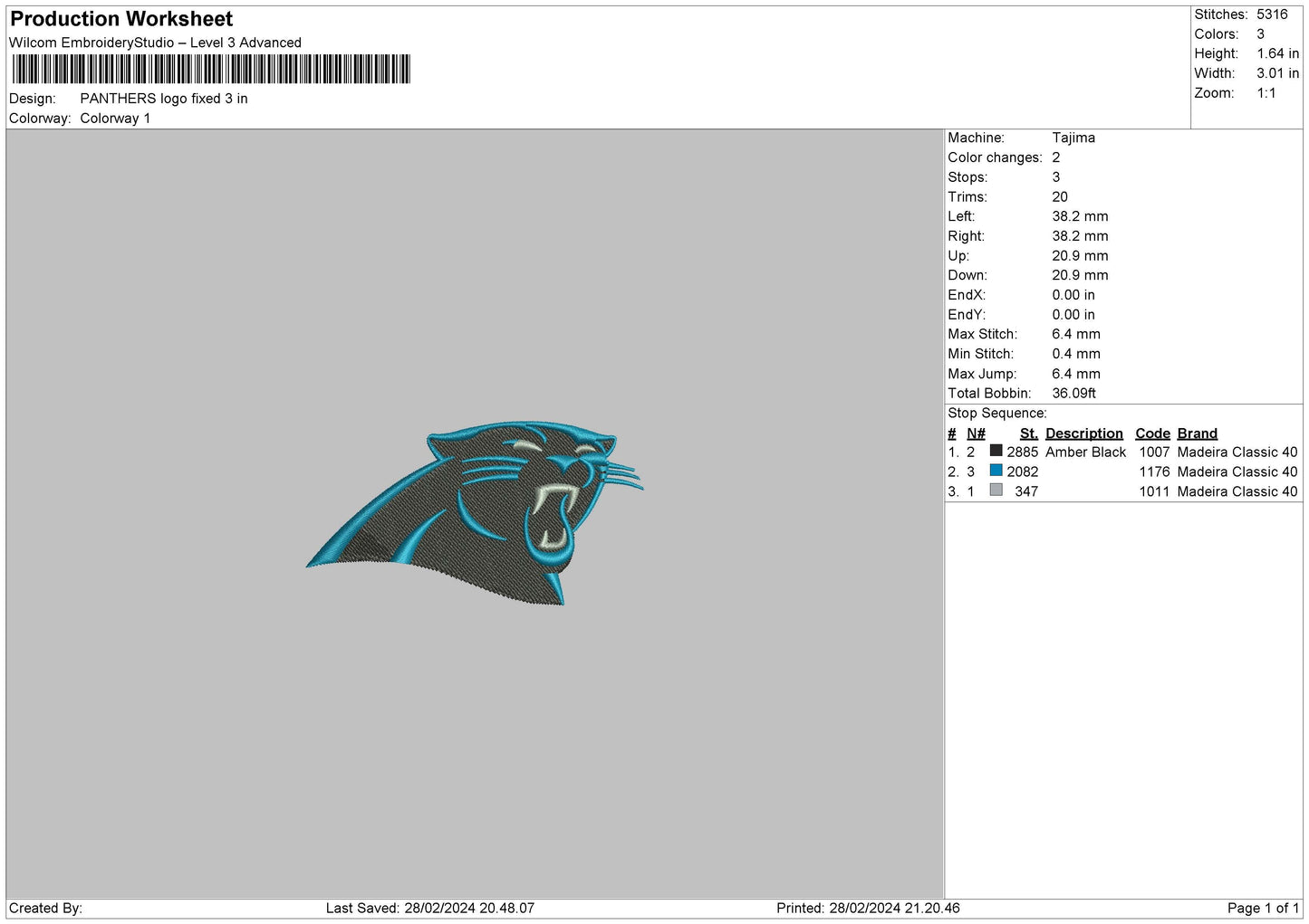 Panthers Embroidery File 6 sizes
