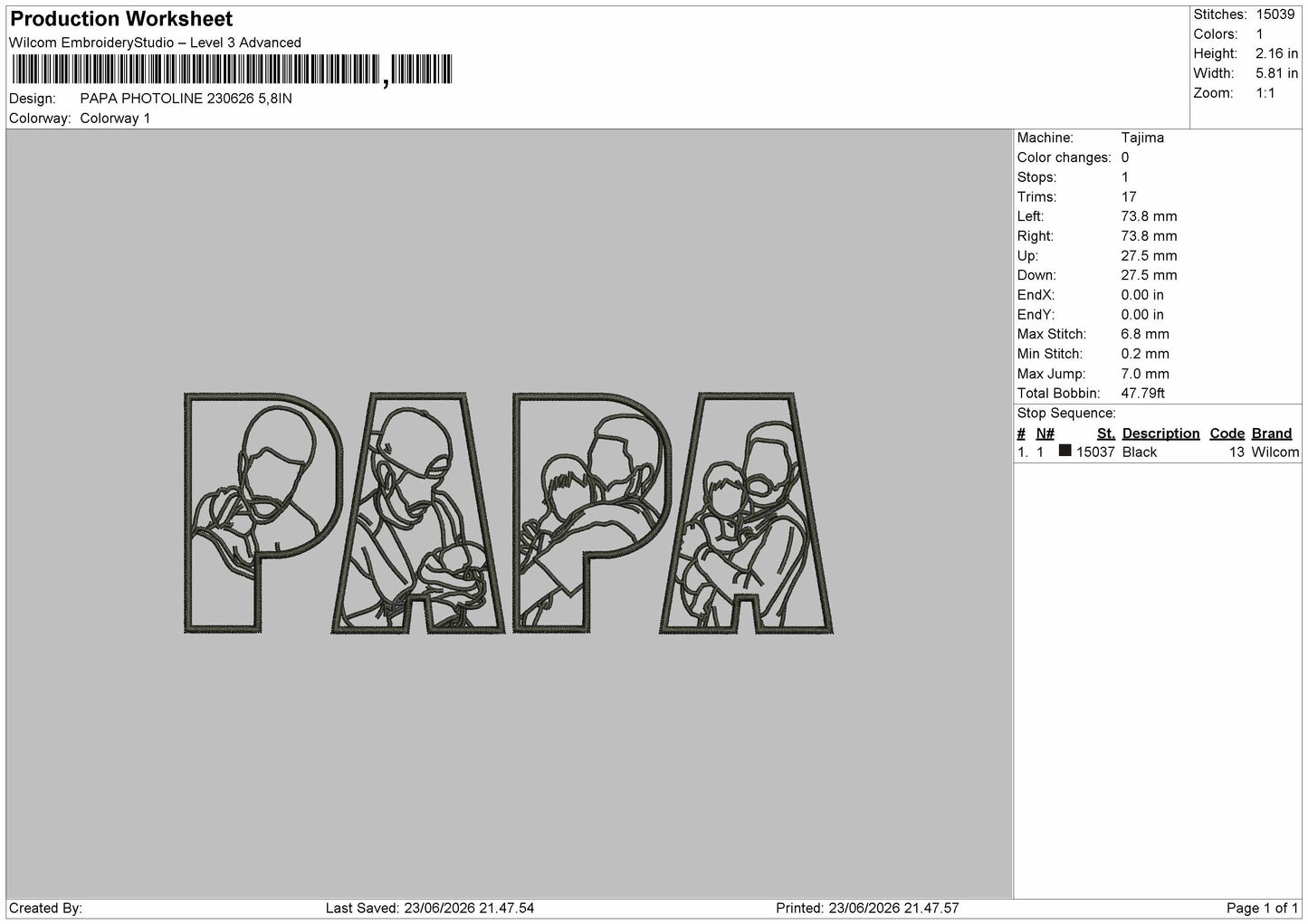 Papa Photoline Embroidery Machine Design File 6 sizes