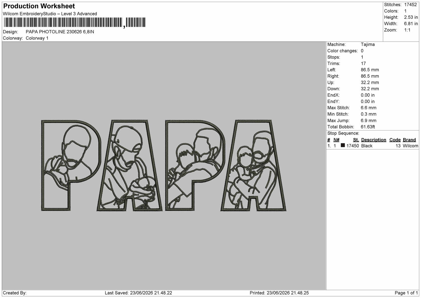 Papa Photoline Embroidery Machine Design File 6 sizes