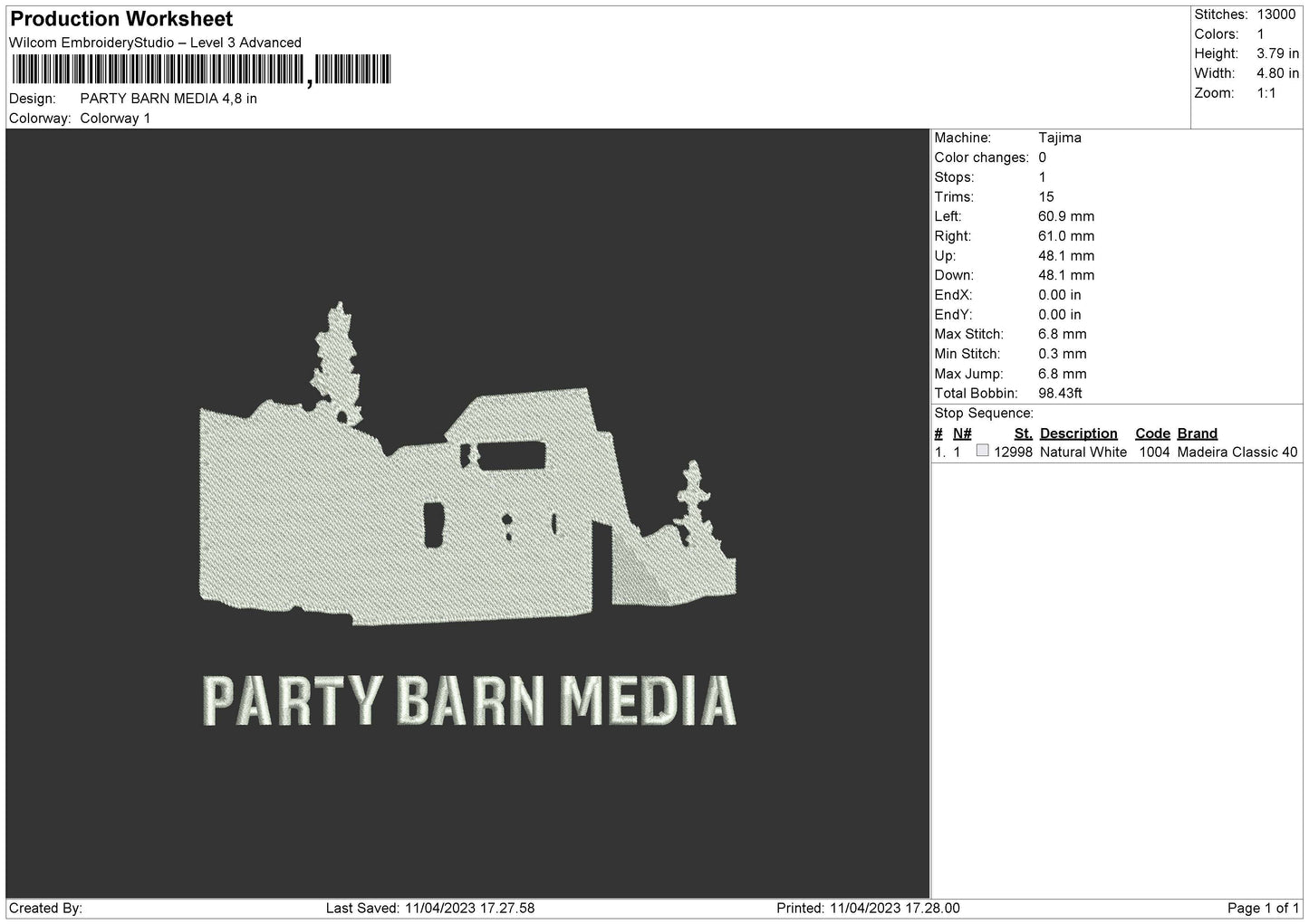 Party Barn Embroidery File 6 sizes